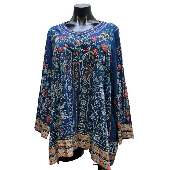 John Mark Embroidered Bohemian Blouse Blue L - Picture 1 of 7